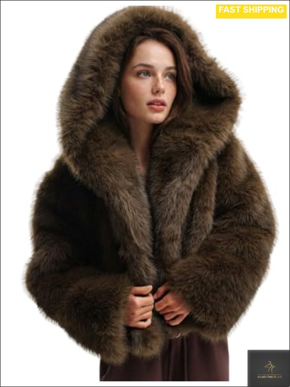 Faux Fur Coat with Hood Cropped Winter Jacket Long Sleeve Pockets